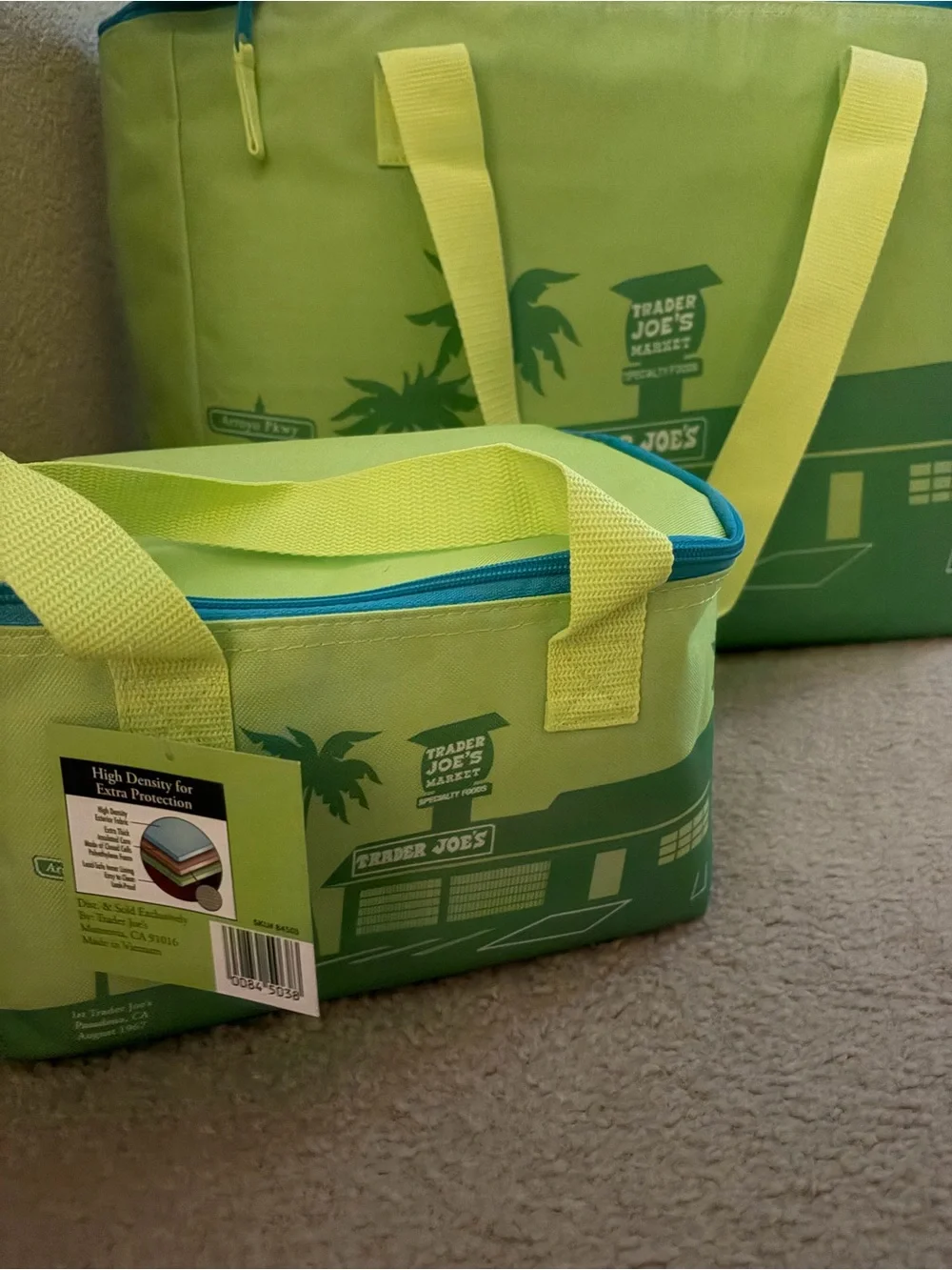 Trader Joe’s Lime Green Insulated Cooler large and small Tote - Set of 2